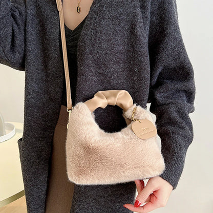 Faux Fur Plush Handbags: Ruched Handle, Small Lady Crossbody, Casual Half-Moon Hobos