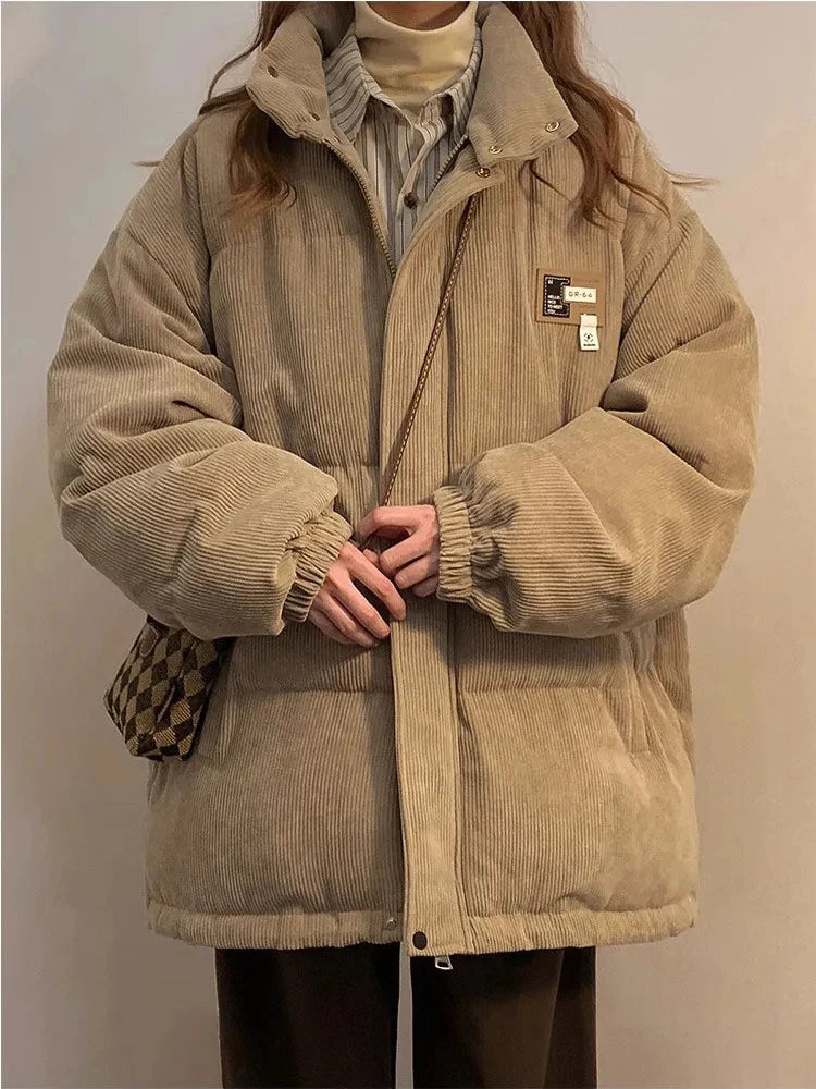 Överdimensionerad Corduroy Puffer Coat med fickor Varm och Retro Y2K Style