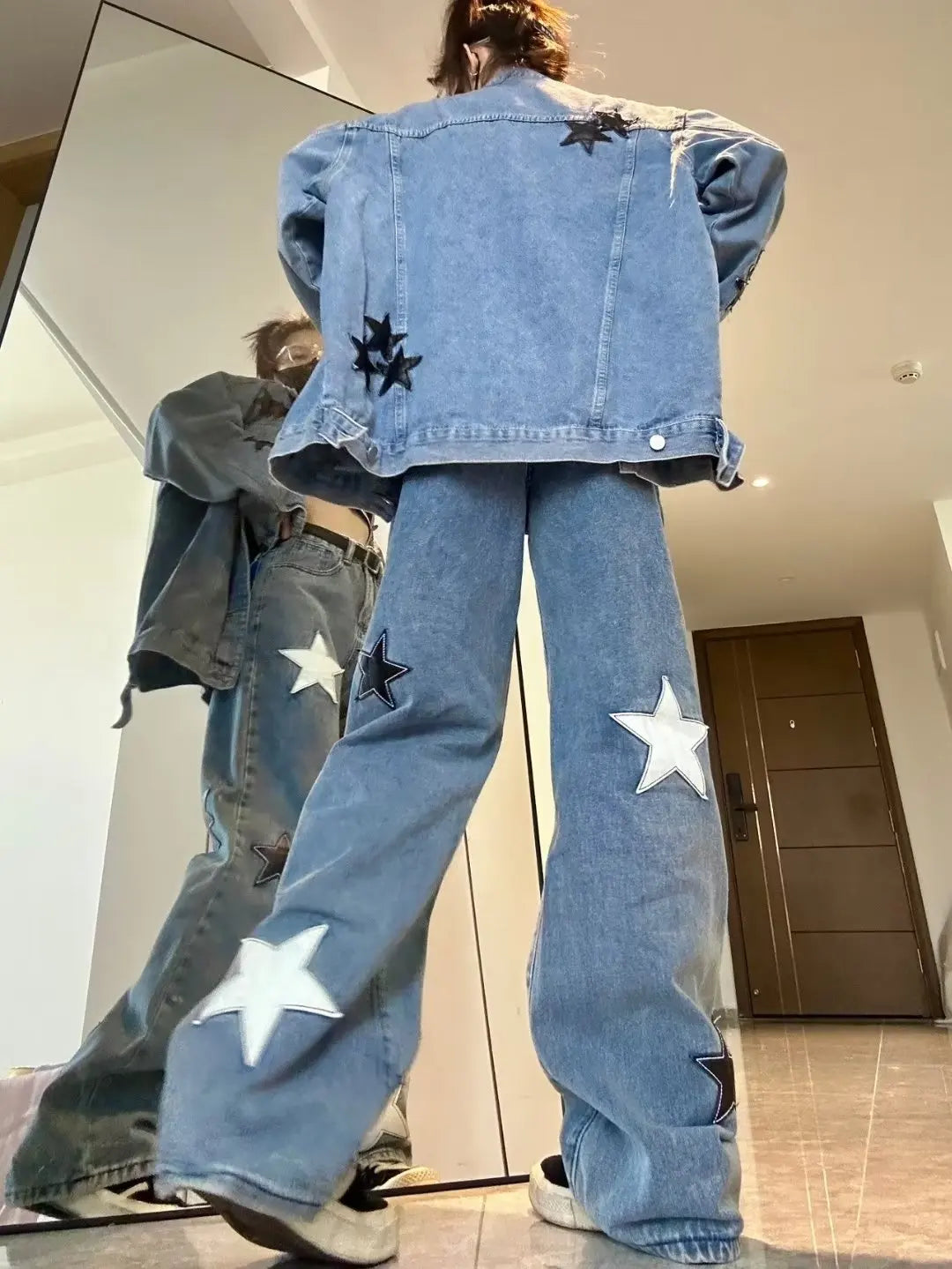 Stjärntryck Jeans med hög midja American Retro High Street Byxor med raka ben Patchwork Långa byxor Y2k Mode Streetwear Baggy