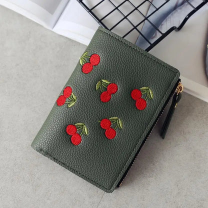 Women Vertical Buckle Cherry Embroidered Small Short Wallet – Simple Wallet, Girls Zipper Purse.