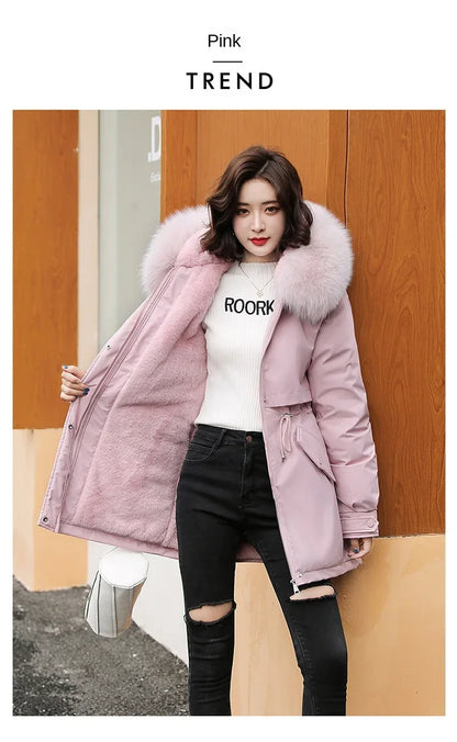 Hooded Long Parka with Wool Liner and Fur Collar Slim and Warm