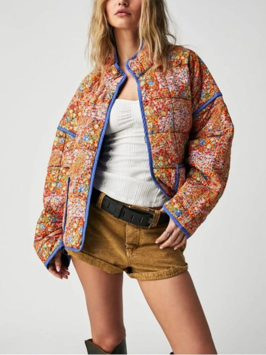 Floral Print Quilted Jacket with Stand Collar and Pockets Chic and Warm