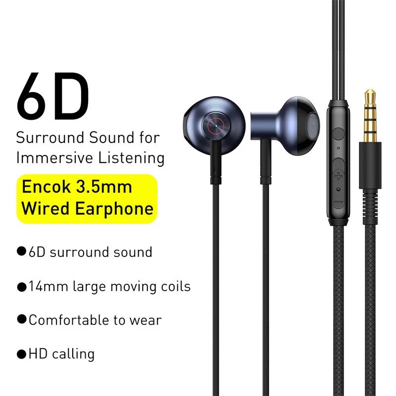 Baseus H19 Trådbundna hörlurar 6D Stereo Bas Hörlurar In-Ear 3,5 mm Jack Headset med MIC för Xiaomi Samsung iPhone 6 hörlurar