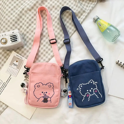 Women Canvas Small Bag – Cartoon Bear Design, Crossbody Shoulder Bags, Ladies Purse, Phone Bag, Handbags.