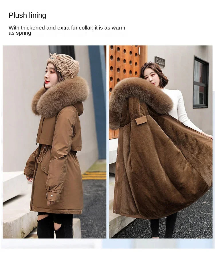 Hooded Long Parka with Wool Liner and Fur Collar Slim and Warm