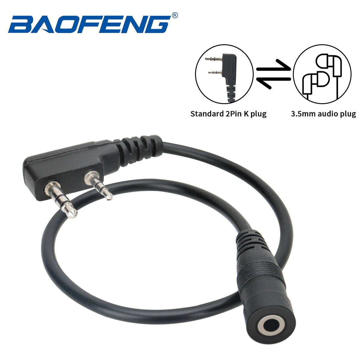 BAOFENG 2-stift till 3,5 mm Quansheng Walkie Talkies Hörsnäcka Adapter Headset Adapter Kabel Kompatibel med BAOFENG UV-5R APPI