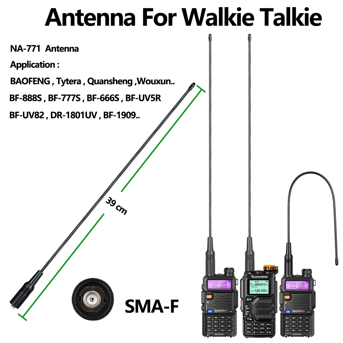 Walkie Talkie Antenn Quansheng UV-K5 NA-771 SMA-F UHF VHF 136~174 Mhz 400~470Mhz Tvåvägs Raido Talki Walki för BAOFENG UV-5R