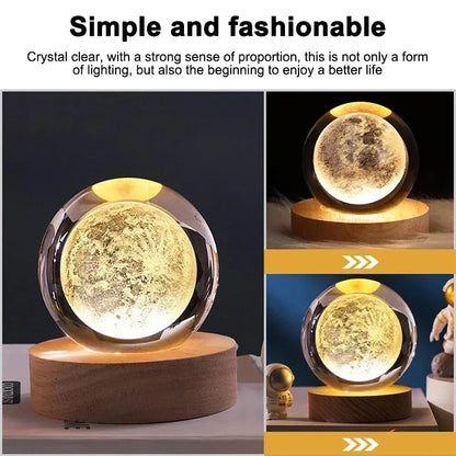 Luminous 3D Crystal Ball LED Night Light – Saturn Solar System & Moon Design, USB Bedroom Lamp, Atmosphere Light for Kids' Birthday Gift