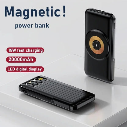 20000mAh Wireless Power Bank with Fast Magnetic Suction Built-in Cable and LED Digital Display