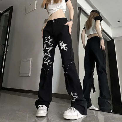 Womens Jeans With Print Graphic Pattern Star Trousers Wide Leg Emo Vibrant Baggy R On Sale Grunge Y2k A Z Denim Pants for Women