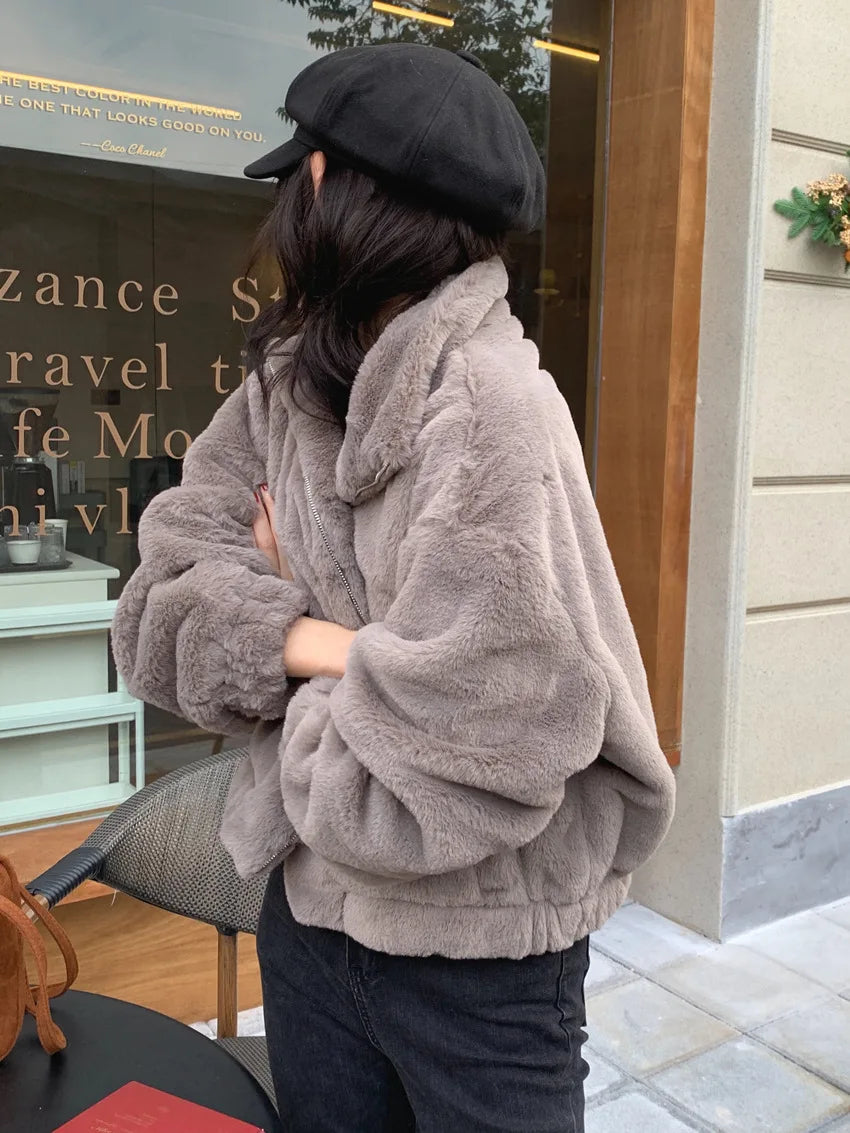 Women's Warm Plush Winter Jacket with Stand Collar