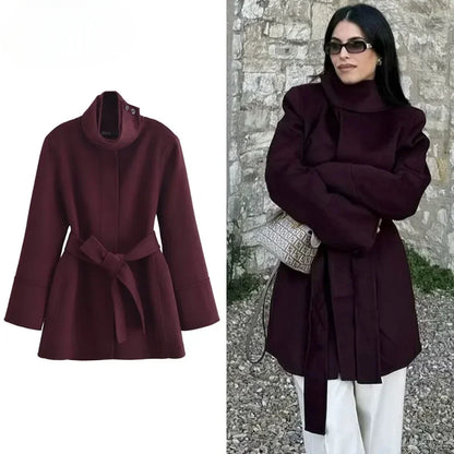 Women's Burgundy Tweed Coat with Belt and Long Sleeves