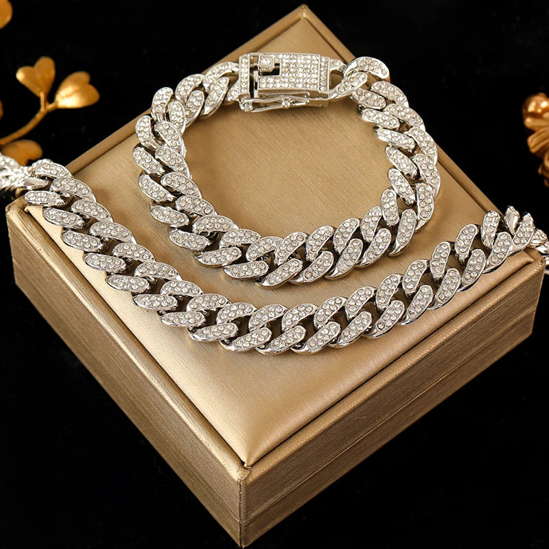 EILIECK Tjock kubansk Zirconia Kedja Halsband Armband Set För Kvinnor Ny Punk 18K Guldpläterad Vattentät Smycken Party Present Bijoux