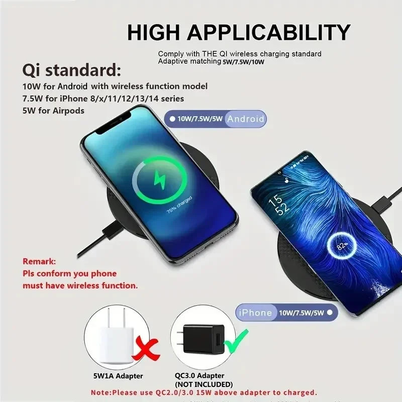 Wireless Charger Pad Stand Desktop Ultra-thin Mobile Phone Fast Charging Dock Station For iPhone 15 14 13 12 11 Samsung Xiaomi