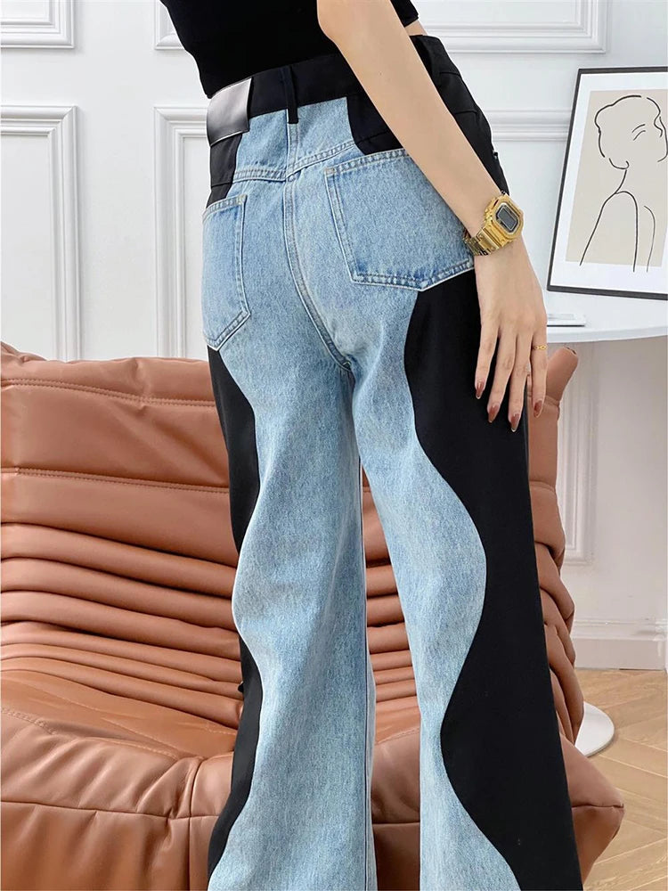 High Waist Black and Blue Wave Spliced Wide Leg Jeans Trendy Style