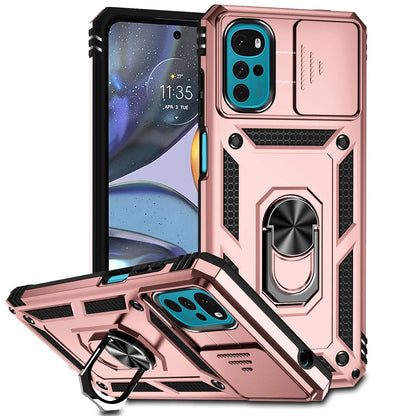 Armor Shockproof Case For Motorola: Ring Holder, Slide Window, Lens Protection Phone Cover