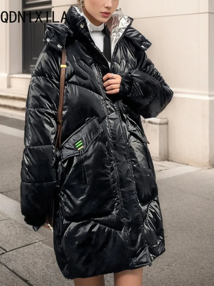 Glossy Hooded Mid Length Down Jacket Casual and Warm