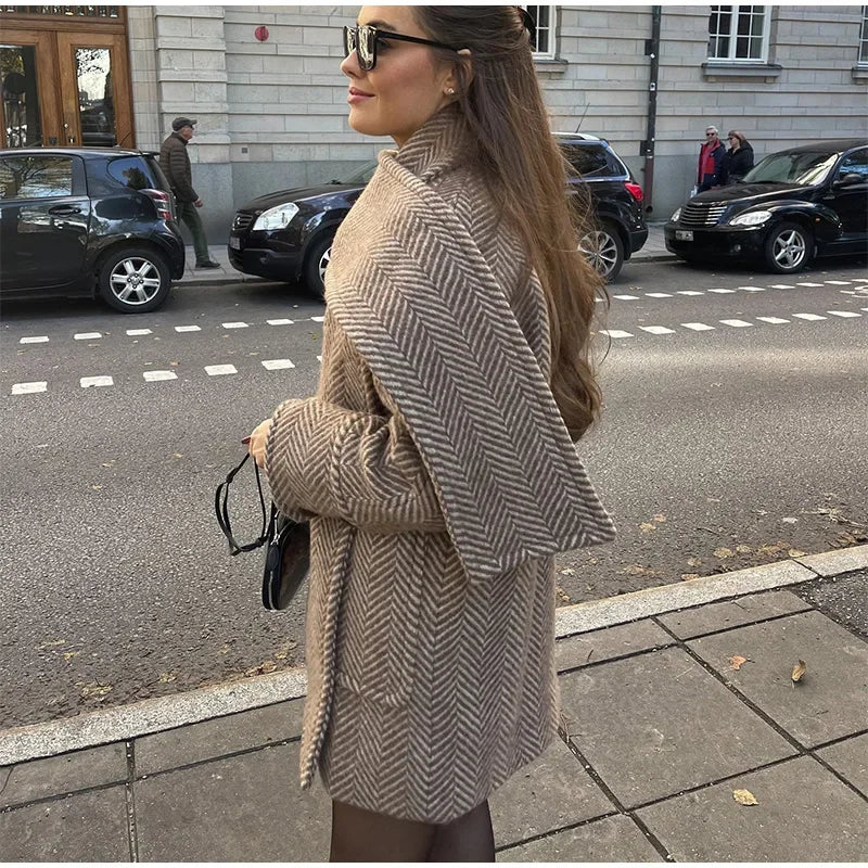 2024 Retro randig halsduk Krage Ullblandningar Jacka Dam Chic Fickor Enkelknäppt Helärmad Kappa Lady Nya Elegant Ytterkläder