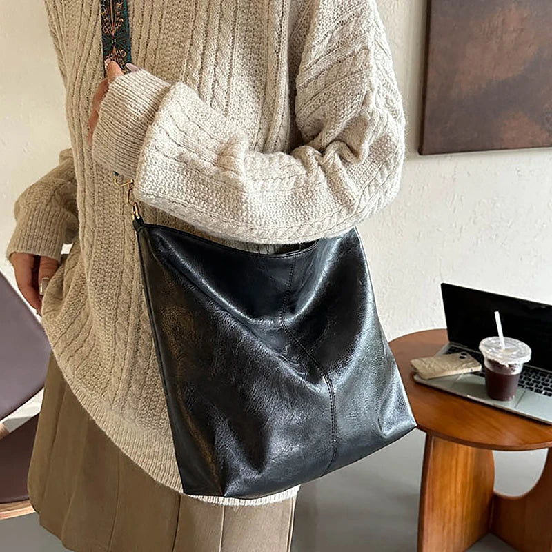 Wide Geometric Strap Shoulder Bag Large Capacity Crossbody Bags For Women,Retro PU Leather Women's Bag For Shopping Travel