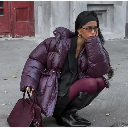 Burgundy Down Jacket with Stand Collar and Pockets Elegant and Warm