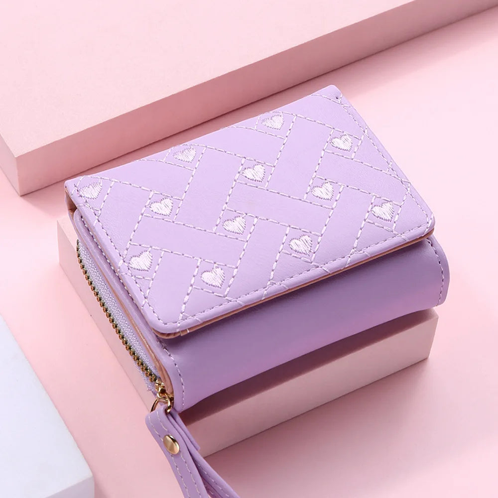 Women's Short Embroidered Love Zero Wallet Zipper Buckle Large Capacity Card Bag Versatile Fashion Simple