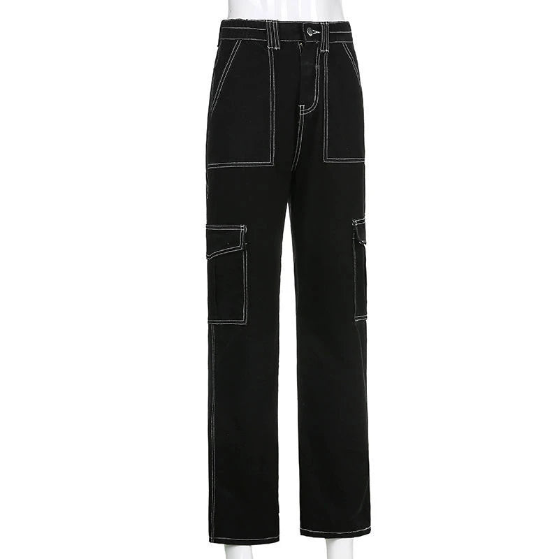 Baggy Black Wide Leg Jeans with Patchwork Pockets and Streetwear Style