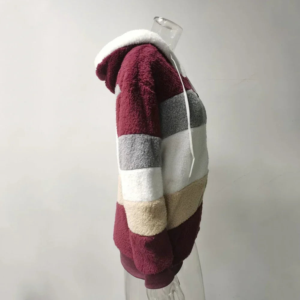 Hooded Zipper Coat with Cashmere and Plaid Stitching Stylish and Warm