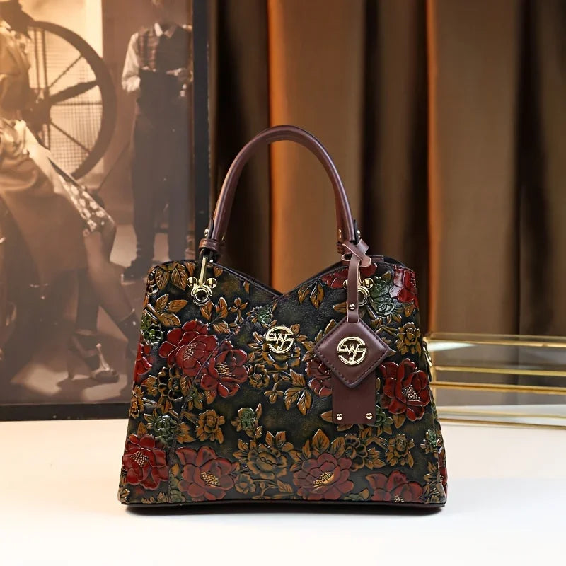 Vintage Flower Pattern Handbag, Luxury PU Leather Tote Bag, Fashion Crossbody Bag For Women