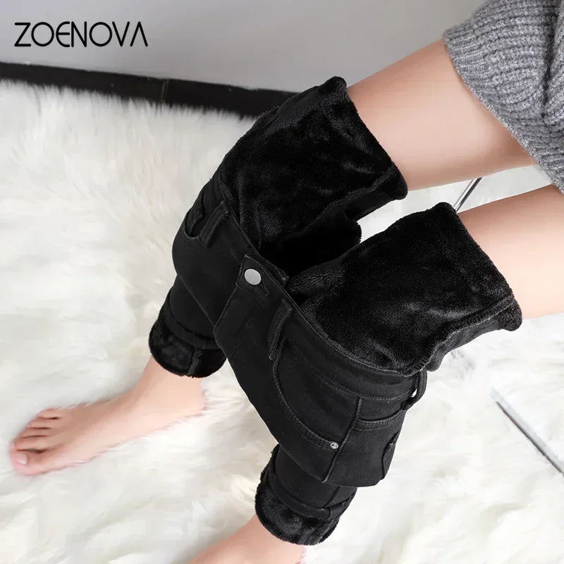 ZOENOVA  Women Thick Velvet Jeans Fleece  Warm Korean Fashion High Waist Skinny Elastic Pants Jean Casual Legging Winter 2023