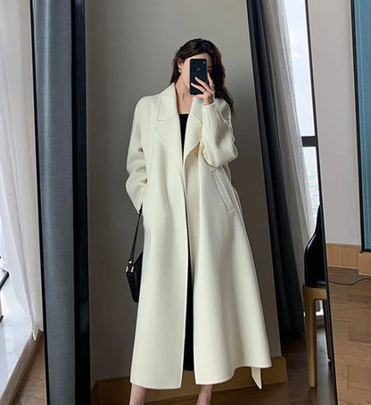 Women's White Midi Wool Blend Coat with Lace Up Design