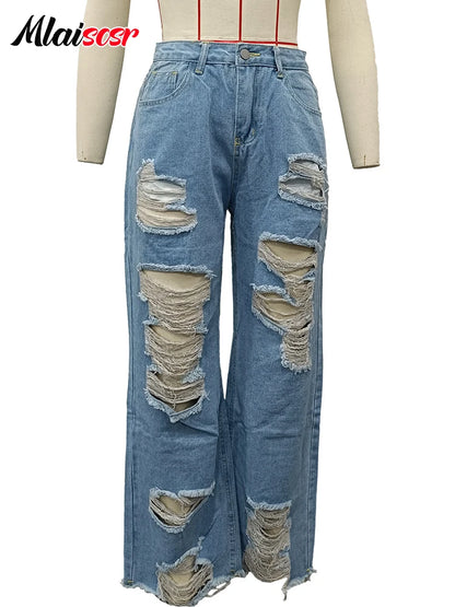 Mlaiscsr Sexy Hole Ripped Straight Jeans Women Button Pocket Loose Blue Denim Wide Leg Pants Trousers Streetwear Birthda Bottoms