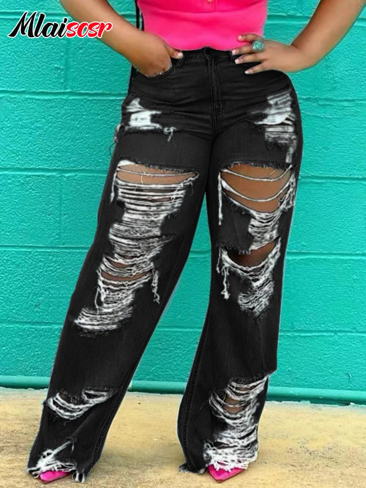 Mlaiscsr Sexy Hole Ripped Straight Jeans Women Button Pocket Loose Blue Denim Wide Leg Pants Trousers Streetwear Birthda Bottoms