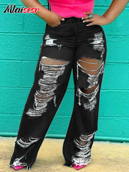 Mlaiscsr Sexy Hole Ripped Straight Jeans Women Button Pocket Loose Blue Denim Wide Leg Pants Trousers Streetwear Birthda Bottoms