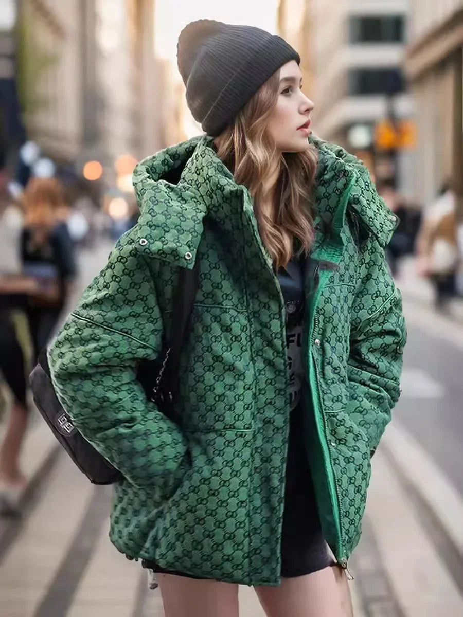 Hooded Green Printed Jacket with Zippers Chic Casual