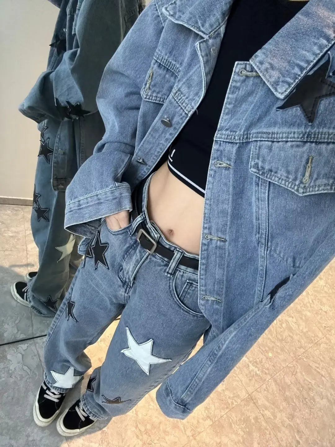 Stjärntryck Jeans med hög midja American Retro High Street Byxor med raka ben Patchwork Långa byxor Y2k Mode Streetwear Baggy