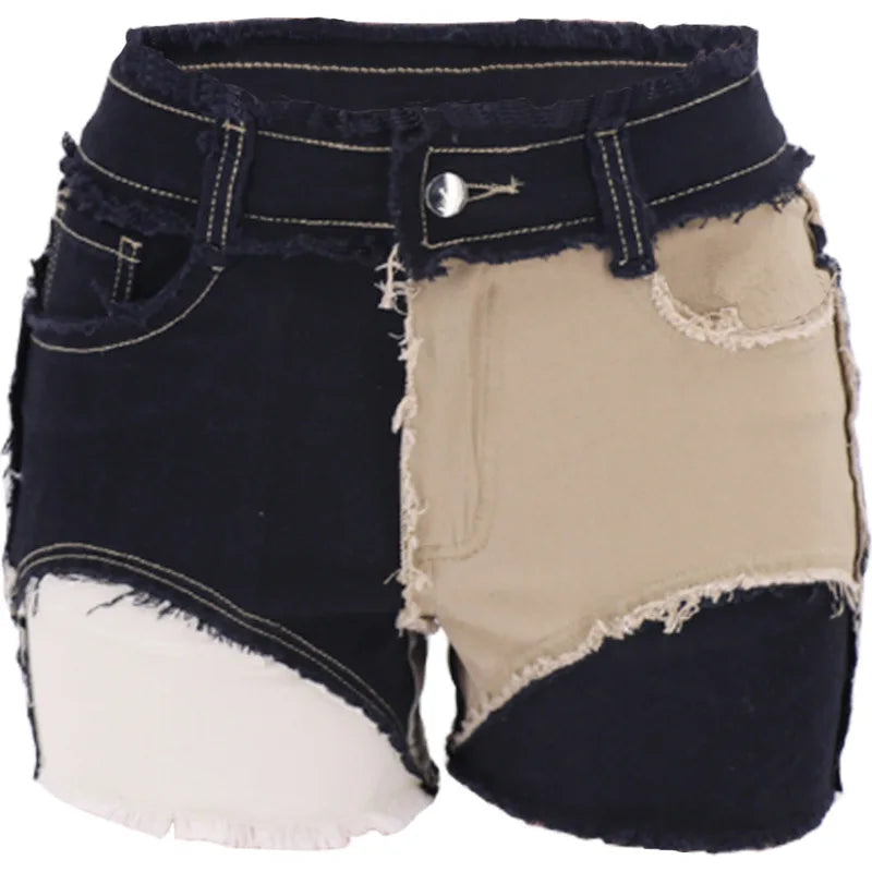 Jeans Women Straight black shorts Patchwork