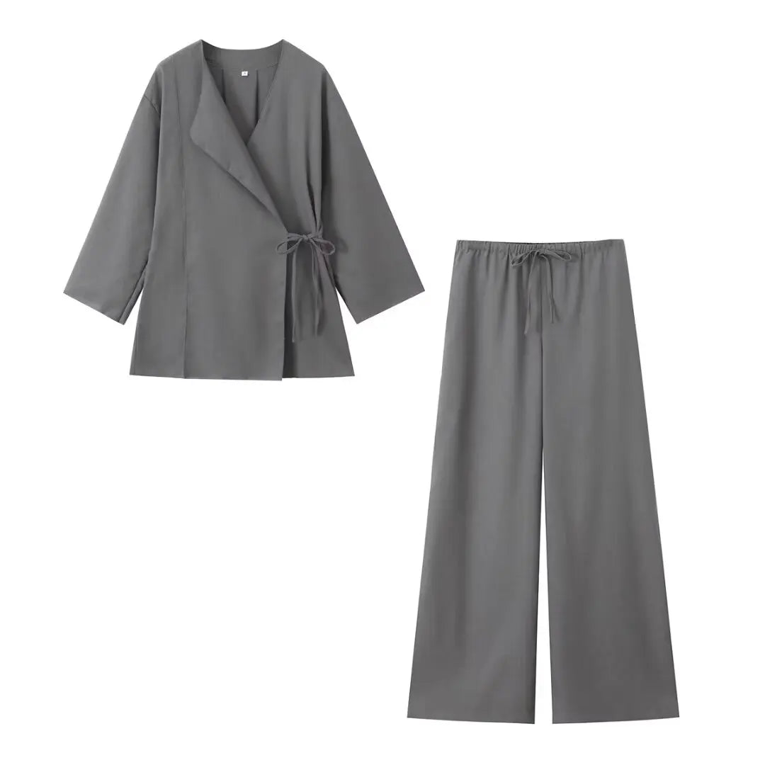 Linen Shirt and Pleated Pants Set with Belted Kimono Top Stylish and Light