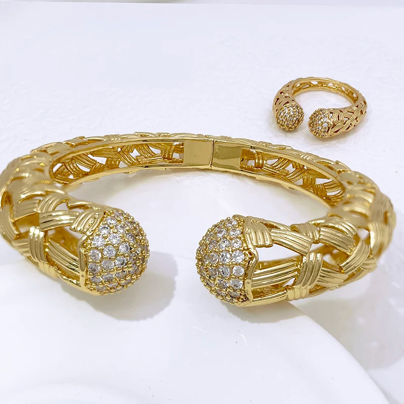 Bracelet For Women 18K Gold Plated Woven Pattern Copper Zircon Bangle And Ring Dubai Jewelry Nigeria Trending Wedding Party Gift