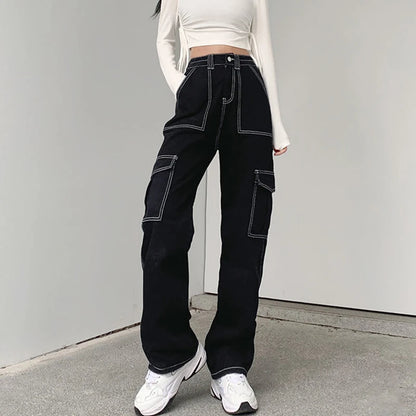 Baggy svarta jeans med vida ben med patchworkfickor och Streetwear-stil