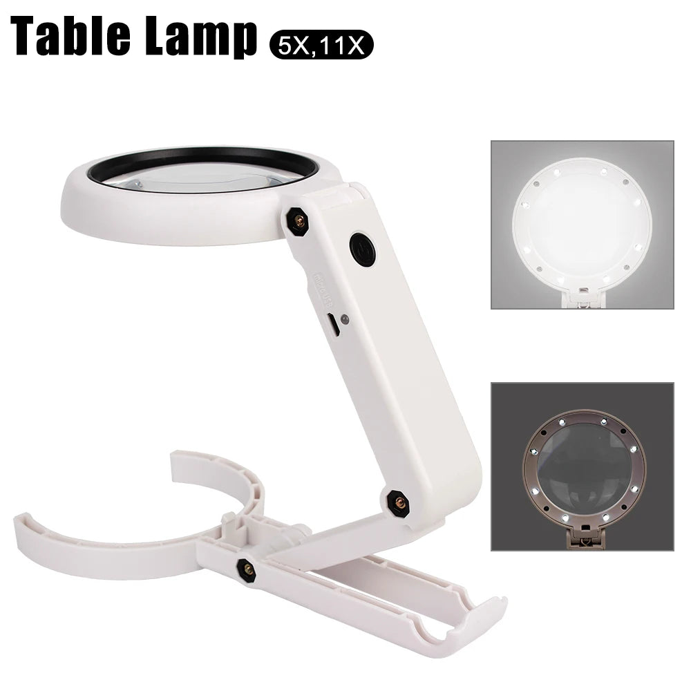 Foldable with 8 LED Light 5x 11x Stand Desk for Jewelry Appraisal Reading Repair Magnifying Glass Portable Hand-held