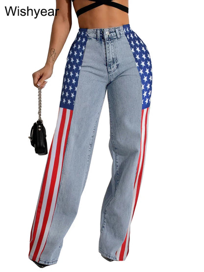 Wide Leg Baggy Jeans with High Waist and Stripe Patchwork Design