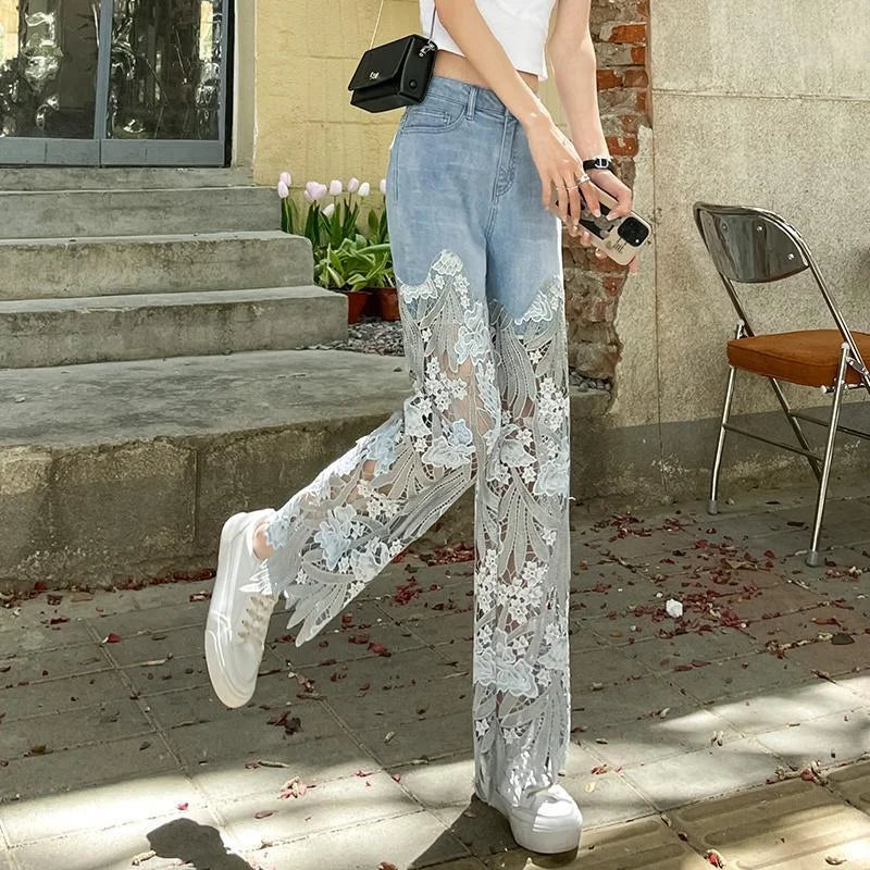 Pants for Woman and Capris Straight Leg with Rhinestones Transparent Women's Jeans Lace Grunge Y2k Spring Pant Vintage Trousers