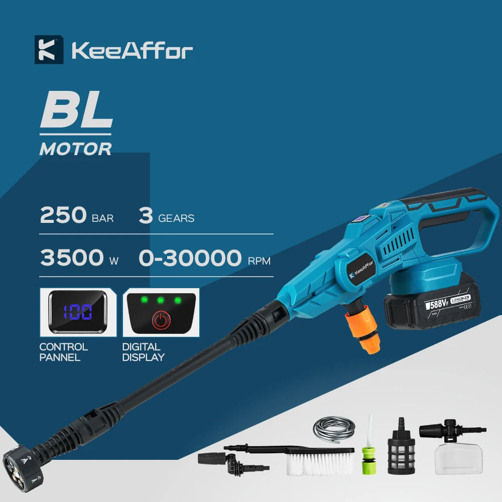 KEEAFFOR 250Bar 3500W Brushless High Pressure Water Gun 6-in 1 Cordless Rechargeable Car Washing Gun for Makita 18V Battery