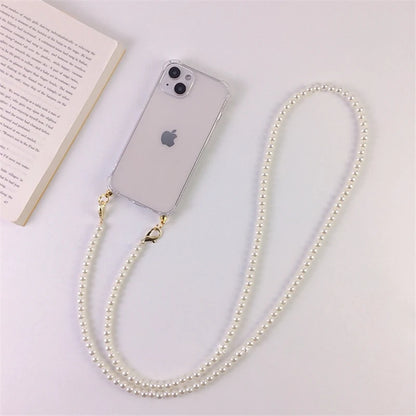 Luxury Korean Crossbody Pearl Chain Phone Case with Transparent Cover and Strap for iPhone