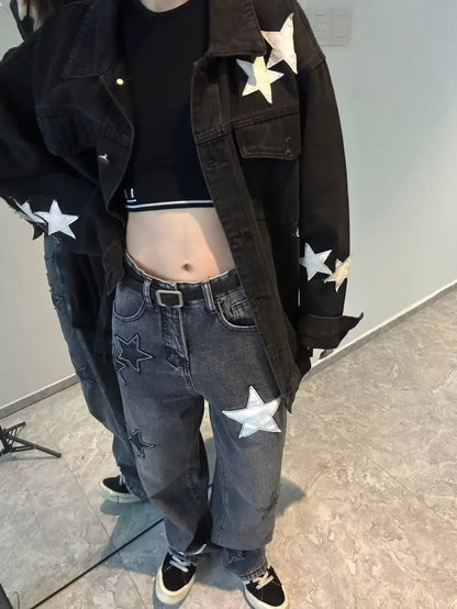 Stjärntryck Jeans med hög midja American Retro High Street Byxor med raka ben Patchwork Långa byxor Y2k Mode Streetwear Baggy