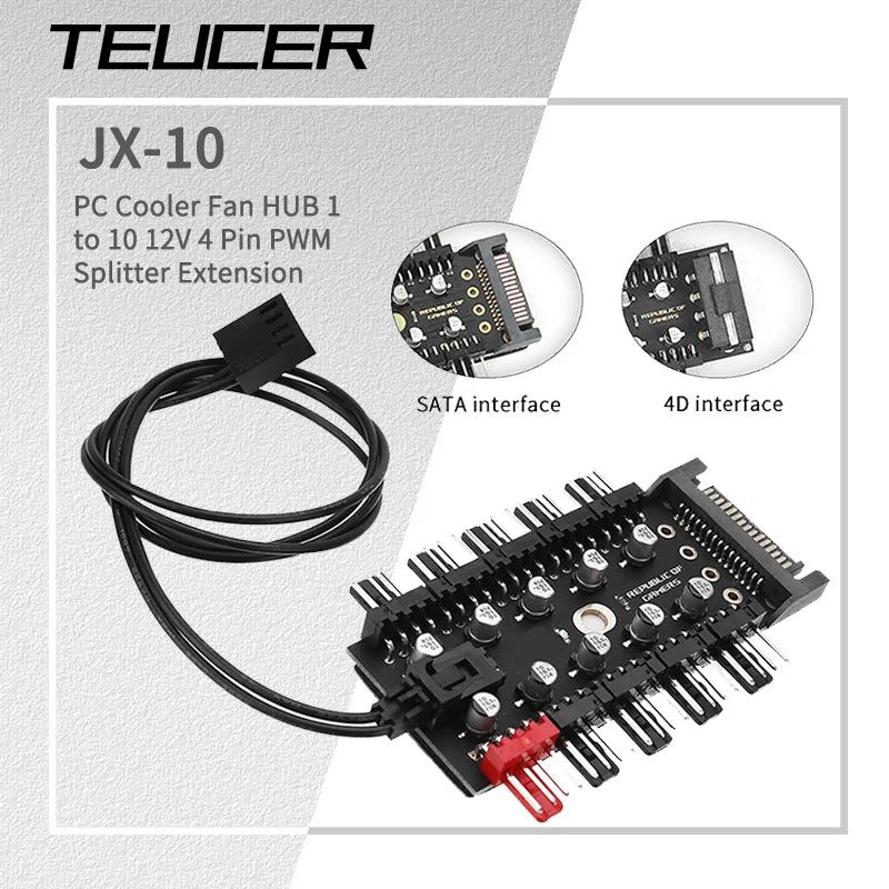 TEUCER PC Kylarfläkt HUB 1 till 10 12V 4 Pin PWM Splitter Extension Supply Socket Concentrator