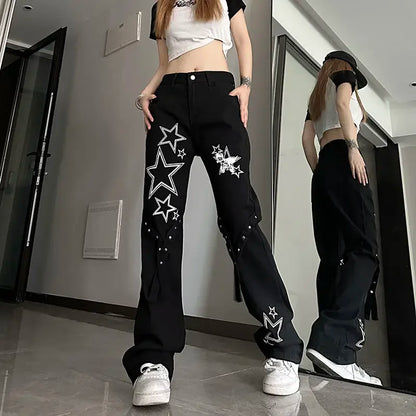 Womens Jeans With Print Graphic Pattern Star Trousers Wide Leg Emo Vibrant Baggy R On Sale Grunge Y2k A Z Denim Pants for Women