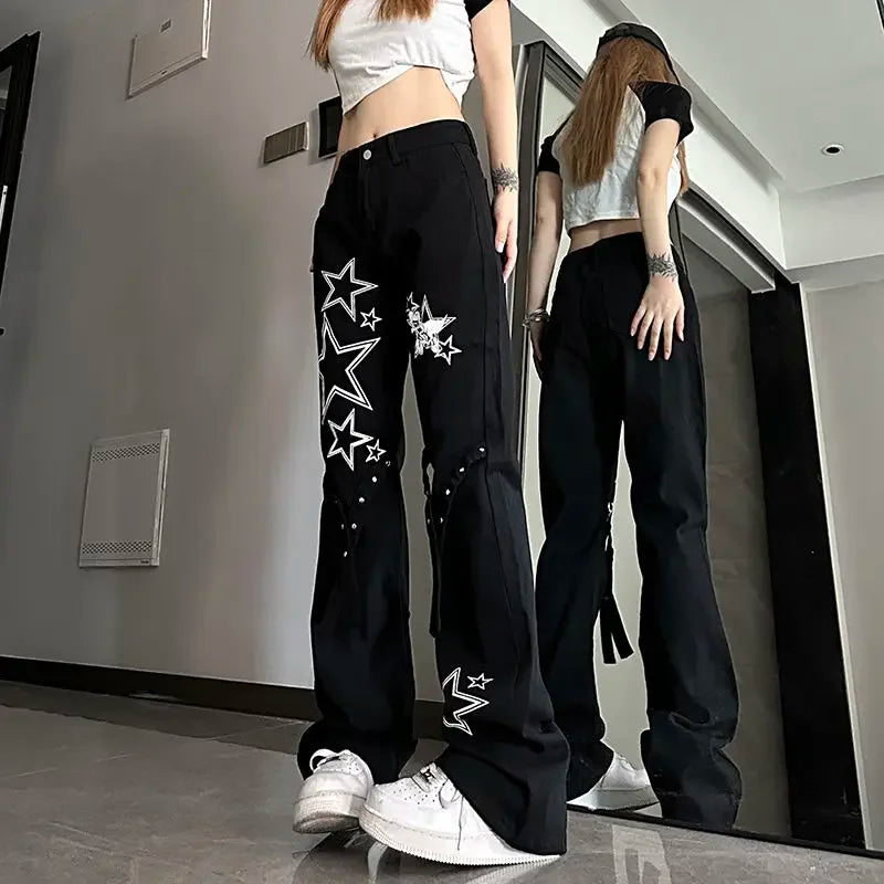 Womens Jeans With Print Graphic Pattern Star Trousers Wide Leg Emo Vibrant Baggy R On Sale Grunge Y2k A Z Denim Pants for Women