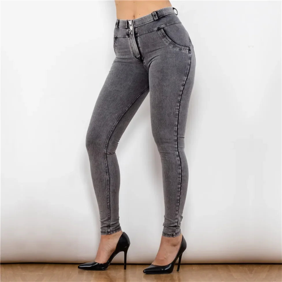 Shascullfites Melody High/Mid Waist Denim Jeans Faux Denim Skinny Super Elastic Snow Wash Faded Gray Jeans Full Length