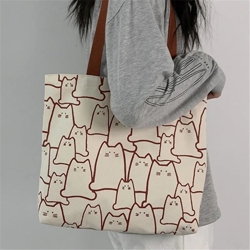 Canvas Handbag for Women – Fashion Cute Cat Tote Messenger Bags with Zipper, Designer Bag, Ladies Cartoon Shoulder Shopper Bags.